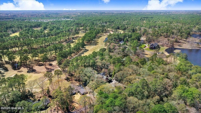 aerial view featuring a water view and a wooded view