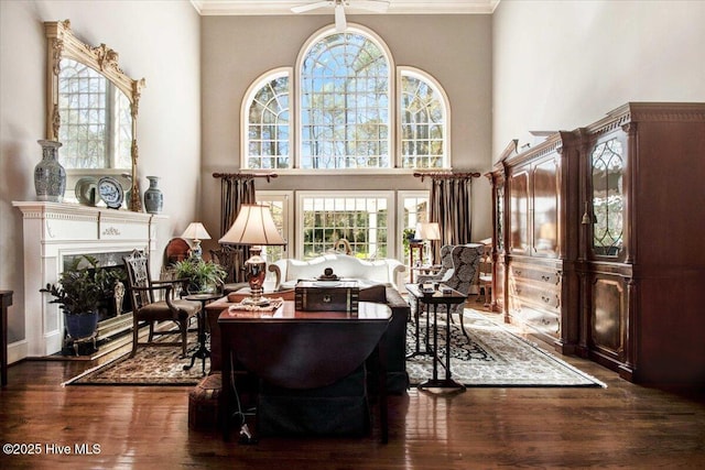 sitting room featuring crown molding, a fireplace, and a healthy amount of sunlight