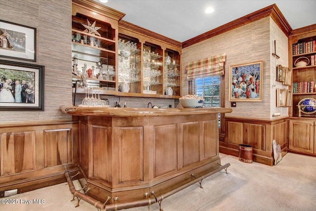 bar featuring wooden walls, wainscoting, carpet floors, indoor wet bar, and ornamental molding