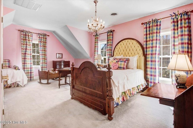 carpeted bedroom featuring multiple windows, a notable chandelier, and visible vents