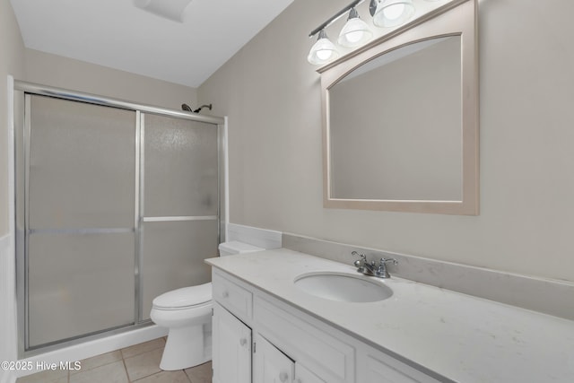 bathroom featuring vanity, tile patterned floors, a shower stall, and toilet