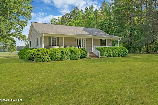 ranch-style house with a porch and a front lawn