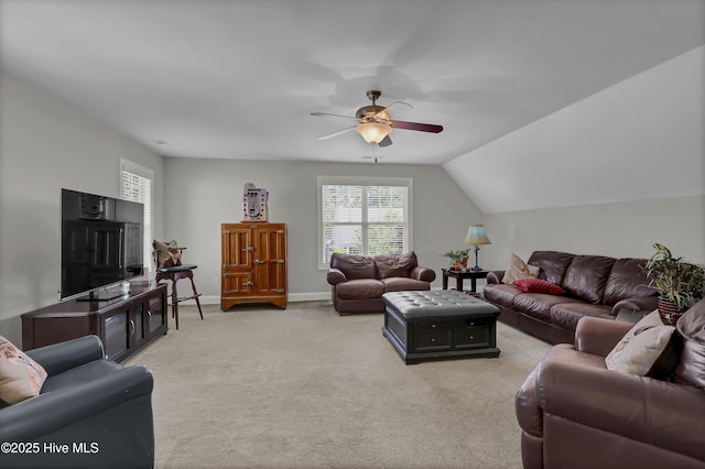 8130 Porters Crossing Way, Wilmington, NC 28411 - living room with a ceiling fan, light colored carpet, lofted ceiling, and baseboards