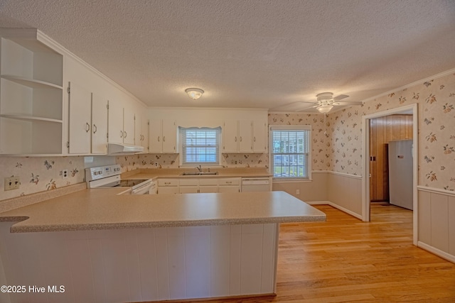 kitchen with a textured ceiling, a sink, a wainscoted wall, under cabinet range hood, and white appliances
