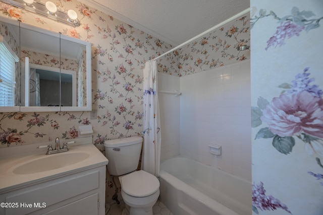 bathroom with a textured ceiling, crown molding, vanity, toilet, and wallpapered walls