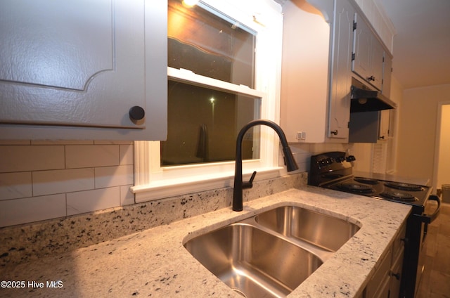 details with decorative backsplash, light stone countertops, a sink, electric stove, and under cabinet range hood