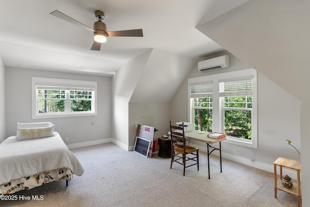 bedroom featuring a wall mounted air conditioner, carpet floors, vaulted ceiling, baseboards, and ceiling fan