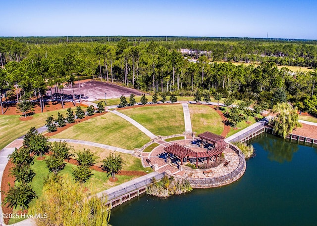 bird's eye view of a large body of water and a heavily wooded area