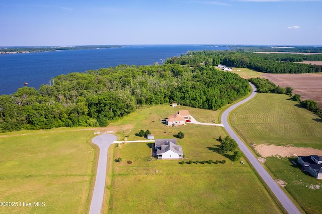 drone / aerial view with a water view and a rural view