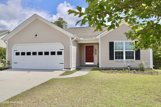 212 Red Carnation Dr, Holly Ridge, NC 28445 - ranch-style house featuring an attached garage, concrete driveway, a front lawn, and a shingled roof