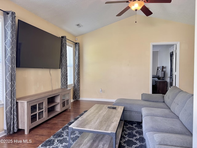 212 Red Carnation Dr, Holly Ridge, NC 28445 - living room with ceiling fan, wood finished floors, vaulted ceiling, and baseboards