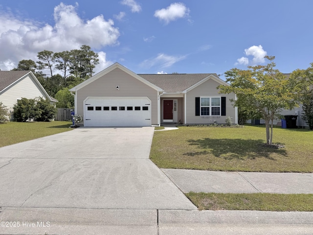 212 Red Carnation Dr, Holly Ridge, NC 28445 - ranch-style house featuring a garage, concrete driveway, and a front yard