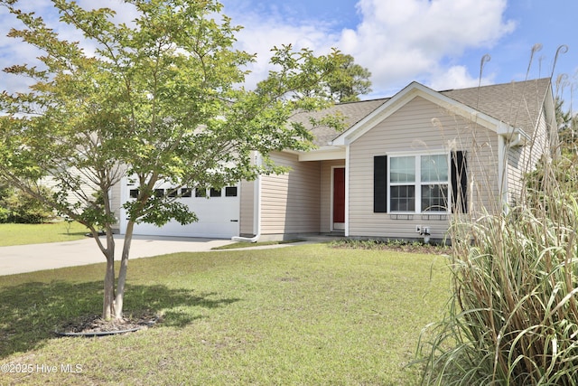 212 Red Carnation Dr, Holly Ridge, NC 28445 - ranch-style house featuring an attached garage, concrete driveway, a front lawn, and a shingled roof