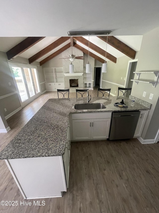 kitchen with a sink, dark wood finished floors, a stone fireplace, open floor plan, and stainless steel dishwasher