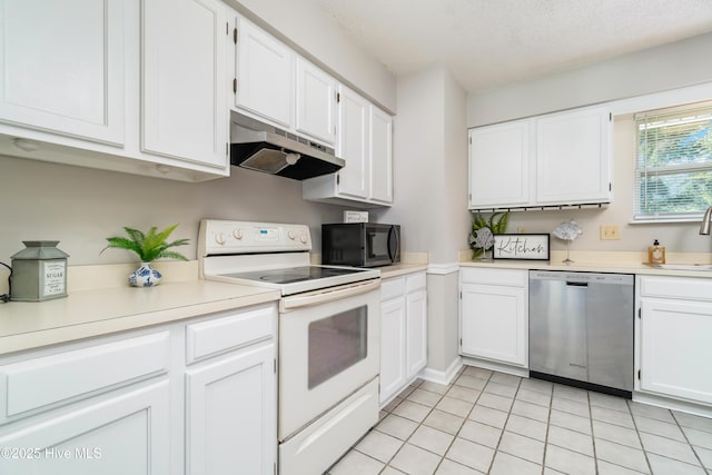 2 Cherokee Dr, Hubert, NC 28539 - kitchen with white cabinets, white range with electric stovetop, black microwave, dishwasher, and under cabinet range hood