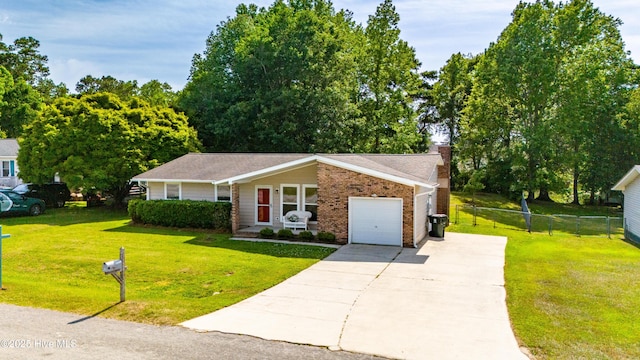 2 Cherokee Dr, Hubert, NC 28539 - ranch-style house featuring driveway, a chimney, brick siding, fence, and an attached garage