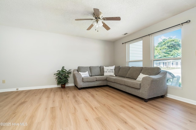 2 Cherokee Dr, Hubert, NC 28539 - living room featuring ceiling fan, a textured ceiling, visible vents, light wood-type flooring, and baseboards