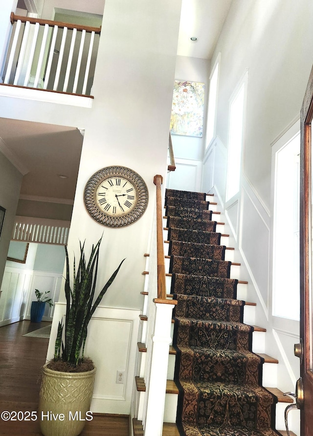 stairway with a decorative wall, a wainscoted wall, and wood finished floors