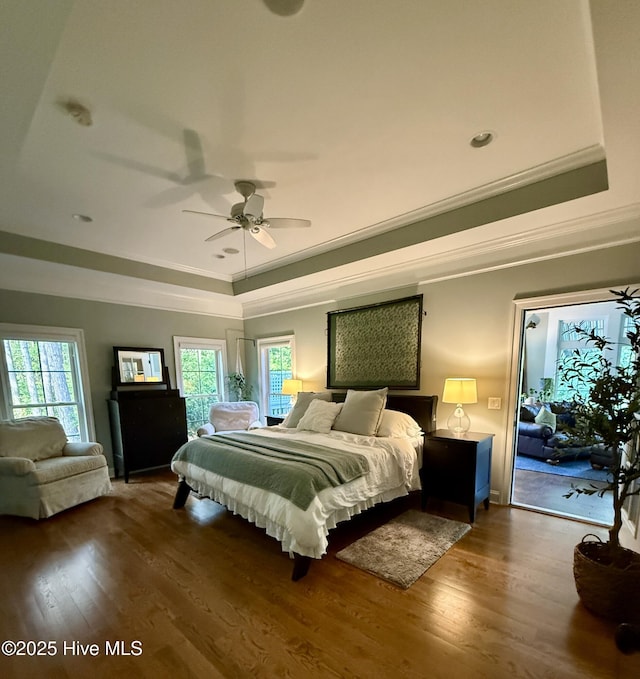 bedroom featuring crown molding, a raised ceiling, wood finished floors, and multiple windows
