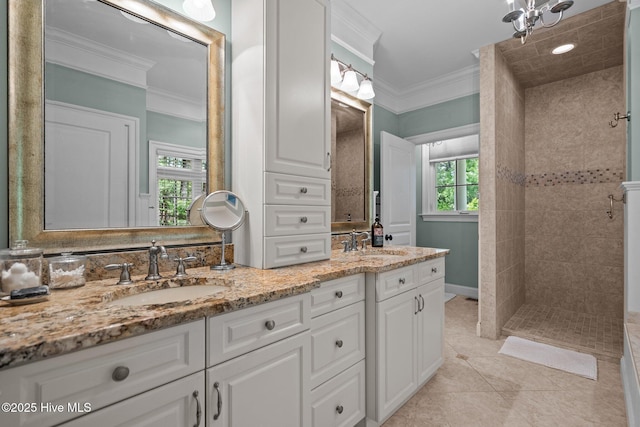 3681 Fairfield Way, Southport, NC 28461 - bathroom with ornamental molding, double vanity, a walk in shower, and tile patterned flooring
