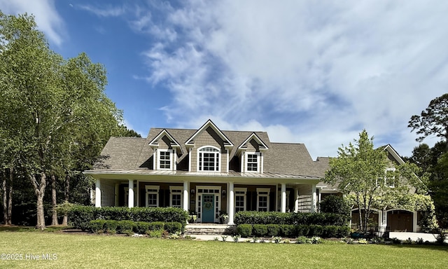 cape cod-style house with a standing seam roof, covered porch, a shingled roof, and a front yard