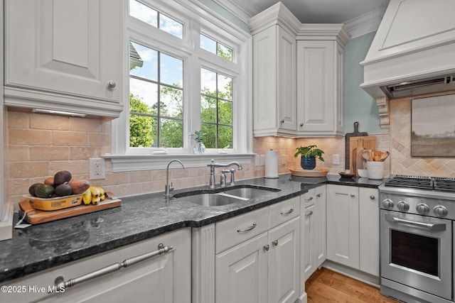 3681 Fairfield Way, Southport, NC 28461 - kitchen with stainless steel gas stove, custom exhaust hood, white cabinetry, and plenty of natural light