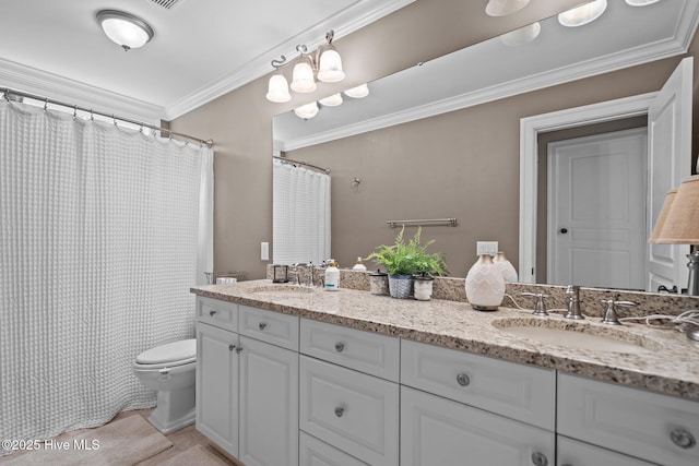3681 Fairfield Way, Southport, NC 28461 - bathroom with double vanity, crown molding, curtained shower, and tile patterned flooring
