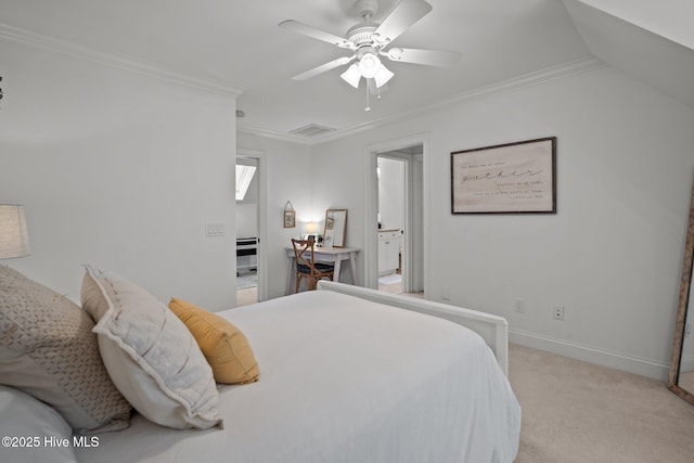 3681 Fairfield Way, Southport, NC 28461 - bedroom with crown molding, light colored carpet, a ceiling fan, and ensuite bath