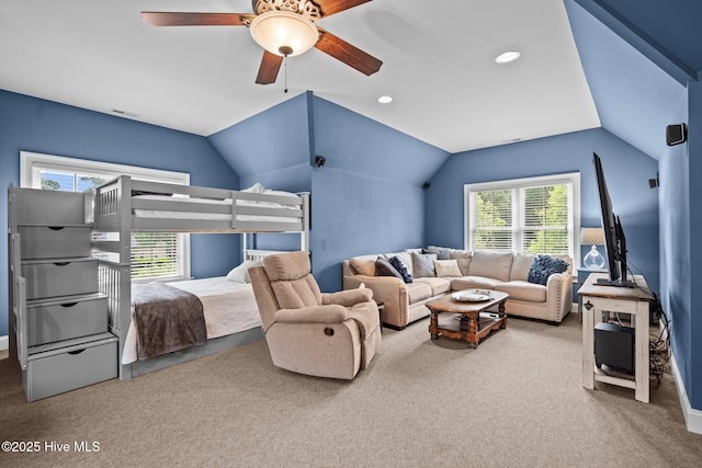 3681 Fairfield Way, Southport, NC 28461 - carpeted bedroom with lofted ceiling, ceiling fan, and recessed lighting