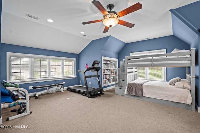 3681 Fairfield Way, Southport, NC 28461 - carpeted bedroom with vaulted ceiling, recessed lighting, and a ceiling fan