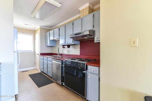 kitchen with dark countertops, under cabinet range hood, black electric range, a sink, and dishwasher