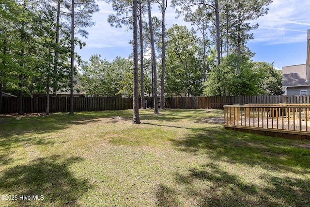 view of yard with a deck and a fenced backyard