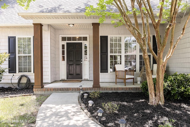 entrance to property with a shingled roof and covered porch