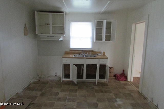 kitchen with a sink, white cabinetry, and under cabinet range hood