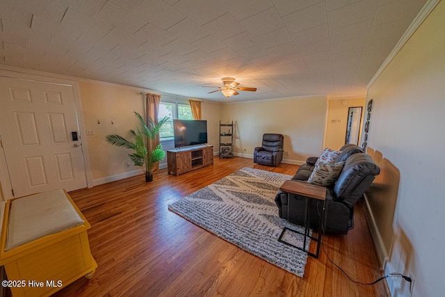 465 Meadstown Rd, Elizabeth City, NC 27909 - living room with a ceiling fan, baseboards, ornamental molding, and light wood-style flooring