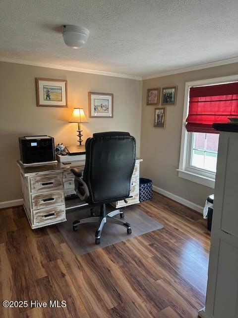 office with crown molding, a textured ceiling, and dark wood finished floors