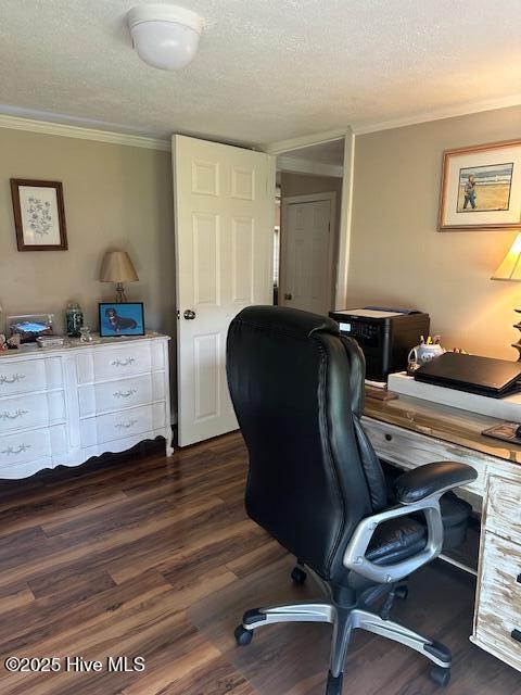 office featuring crown molding, dark wood-style floors, and a textured ceiling