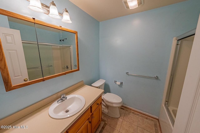 146 Ranch Dr, Elizabeth City, NC 27909 - bathroom featuring visible vents, vanity, tile patterned floors, toilet, and a shower with door