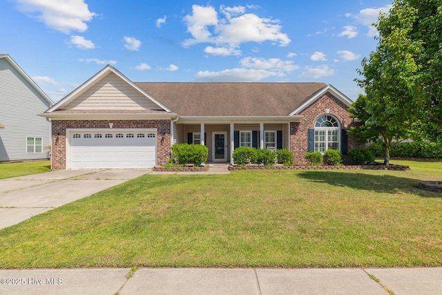 ranch-style home featuring concrete driveway, brick siding, an attached garage, and covered porch