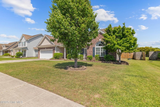 obstructed view of property with brick siding, a garage, fence, and a front yard