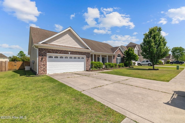 ranch-style house with a garage, fence, driveway, and brick siding