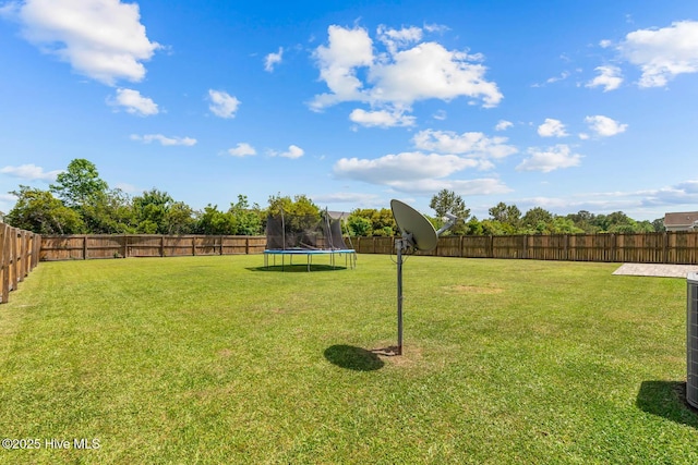 view of yard featuring a fenced backyard and a trampoline