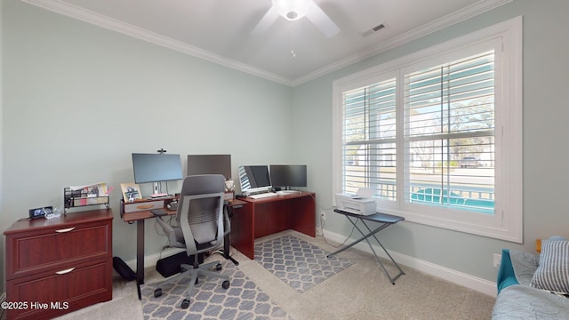 105 Camden Trl, Hampstead, NC 28443 - office area featuring baseboards, light colored carpet, ornamental molding, and a ceiling fan