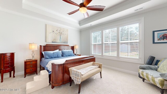 105 Camden Trl, Hampstead, NC 28443 - bedroom with crown molding, a raised ceiling, light colored carpet, baseboards, and ceiling fan