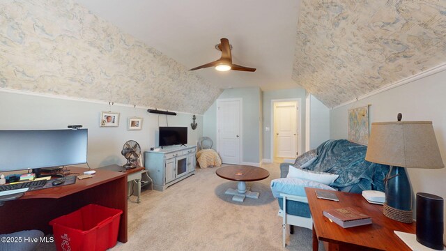 105 Camden Trl, Hampstead, NC 28443 - carpeted living area with vaulted ceiling, an office area, and ceiling fan