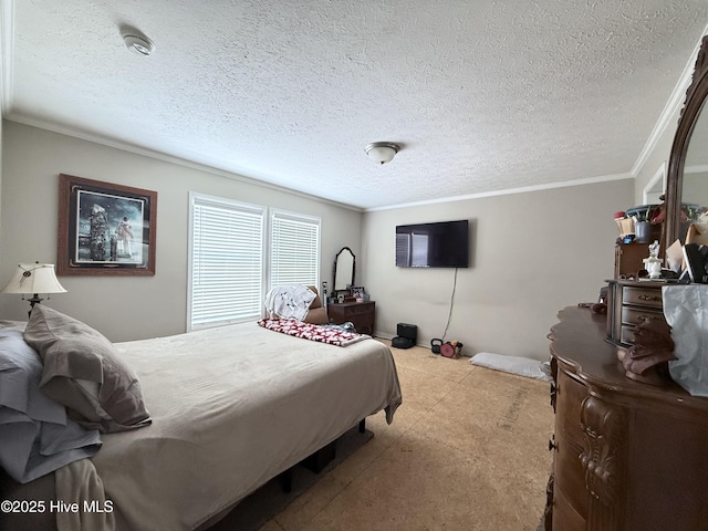 bedroom with crown molding and a textured ceiling