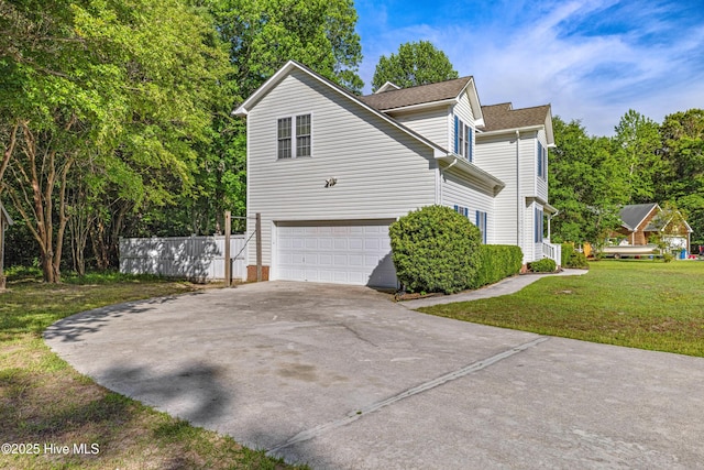 view of home's exterior with concrete driveway, a garage, and a shingled roof