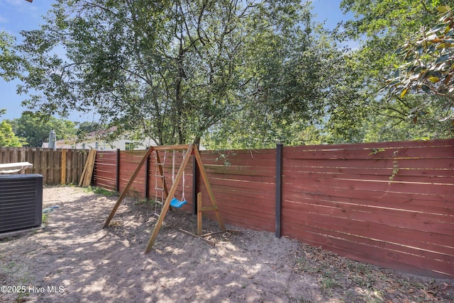 view of gate featuring a fenced backyard and central air condition unit
