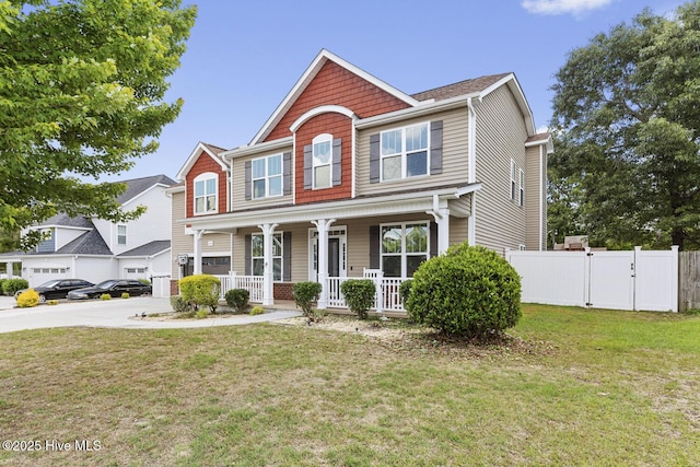 view of front of home featuring a porch, driveway, a front yard, a gate, and fence