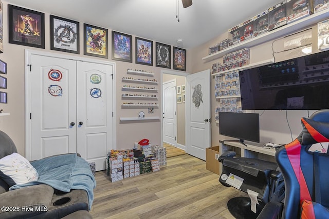 office featuring ceiling fan and wood finished floors